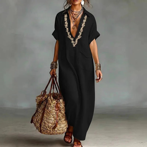 Women's Bohemian Loose-Fit Maxi Dress with V-Neckline