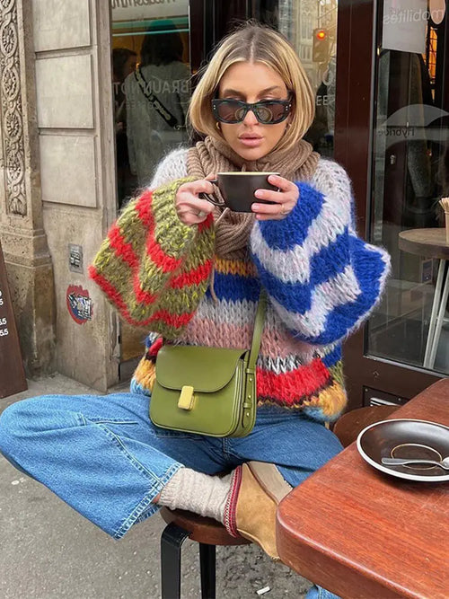 Suéter atrevido multicolor de mohair, cómodo y acogedor para mujer