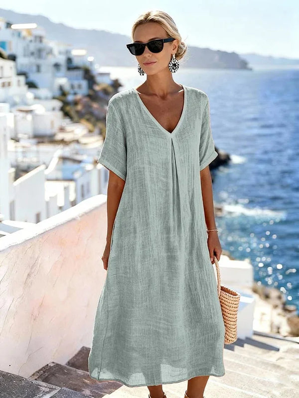 Vestido midi informal holgado para mujer con escote en V