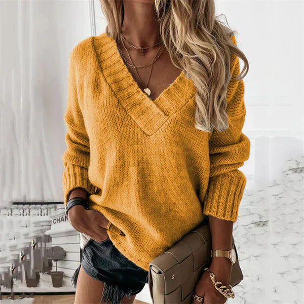 Cozy V-Neck Knit Sweater Relaxed Fit Everyday Pullover for Women