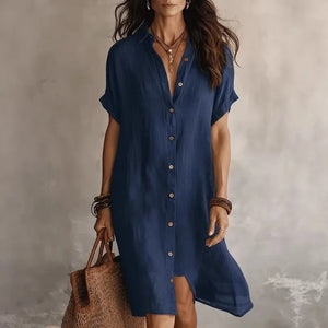 Women's Short Sleeve Button-Down Bohemian Midi Dress