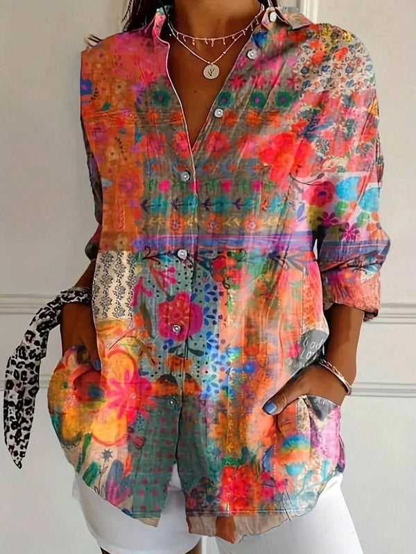 Women's Colorful Artistic Print Button-Up Blouse