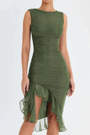 Women’s Sleeveless Ruched Midi Dress with Asymmetrical Hem and Ruffle Trim Detail