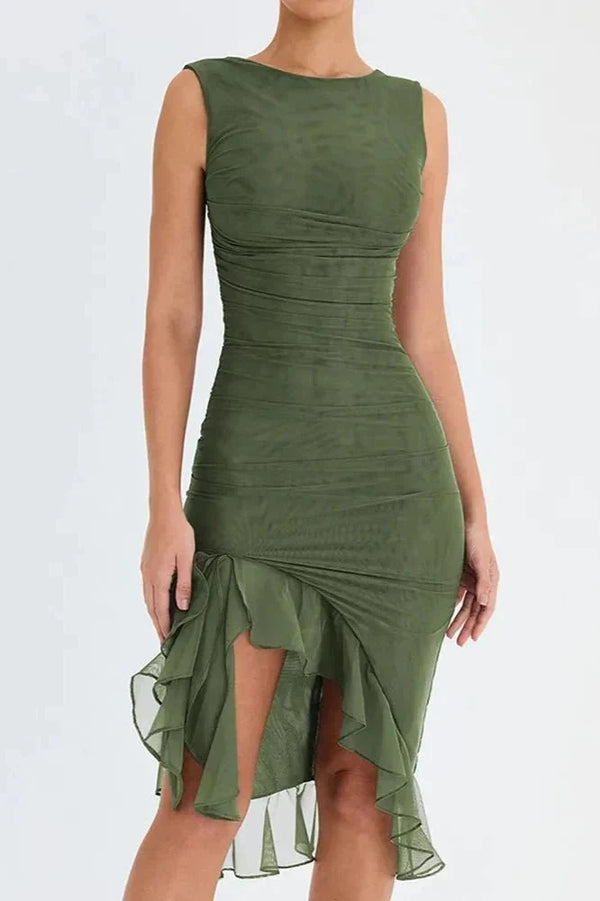Women’s Sleeveless Ruched Midi Dress with Asymmetrical Hem and Ruffle Trim Detail