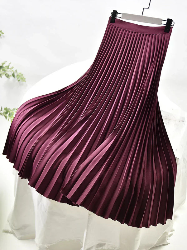 Elegant Pleated Elastic Waist Midi Skirt
