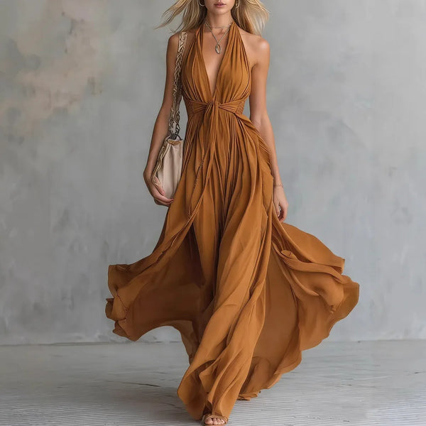 Women's Bohemian Halter  Maxi Dress with Deep V-Neckline