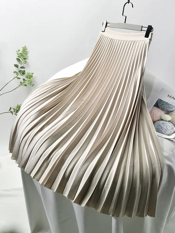 Elegant Pleated Elastic Waist Midi Skirt