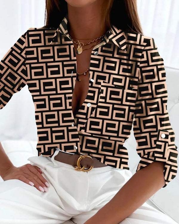 Blusa casual para mujer con estampado abstracto y botones delanteros