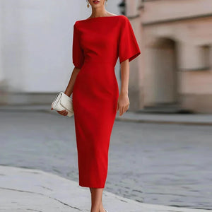 Vestido midi entallado y elegante con escote barco para mujer