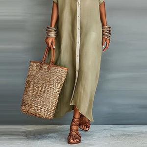 Women's Short Sleeve Button-Down Shirt Maxi Dress