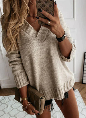 Cozy V-Neck Knit Sweater Relaxed Fit Everyday Pullover for Women