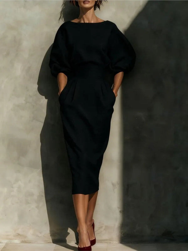 Women's Midi Dress with Cinched Waist and Puff Sleeves