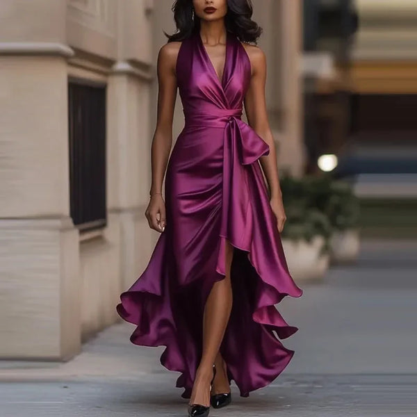 Vestido largo asimétrico de noche para mujer con hombros descubiertos