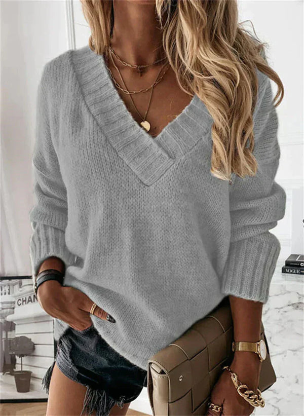 Cozy V-Neck Knit Sweater Relaxed Fit Everyday Pullover for Women