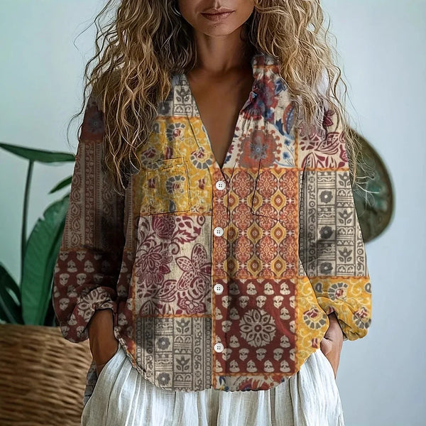 Women’s Vintage Floral Boho Button-Up Blouse