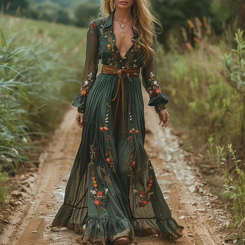 Women’s Floral Maxi Dress with Deep V Neck and Flowy Boho Inspired Silhouette