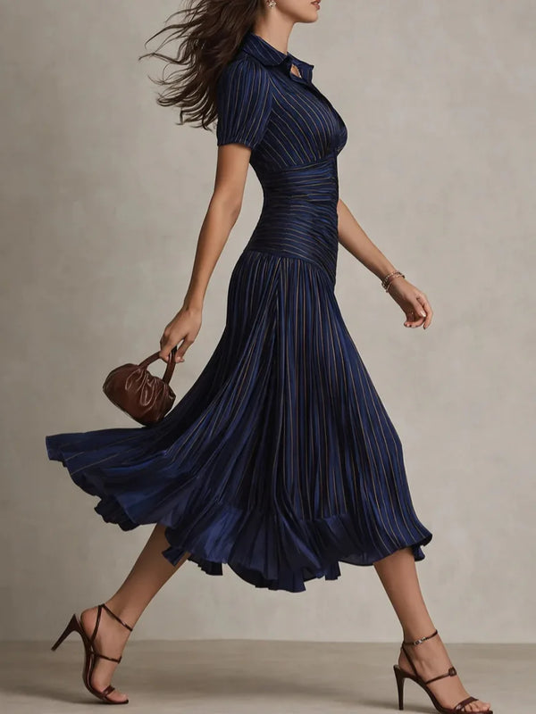 Women's Ruched Waist Flowy Pleated Midi Dress