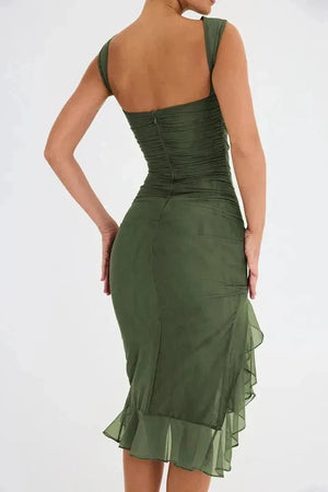 Women’s Sleeveless Ruched Midi Dress with Asymmetrical Hem and Ruffle Trim Detail