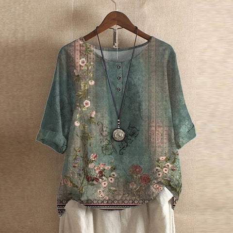 Women's Vintage Floral Print Blouse with Artistic Detail