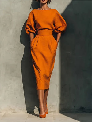 Women's Midi Dress with Cinched Waist and Puff Sleeves