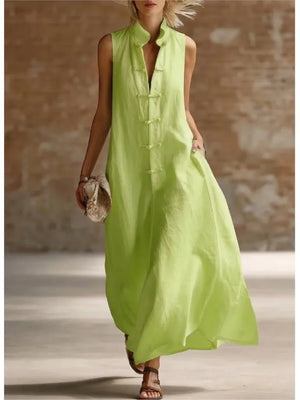 Vestido camisero largo holgado para mujer con cuello mao