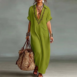 Women's Bohemian Loose-Fit Maxi Dress with V-Neckline