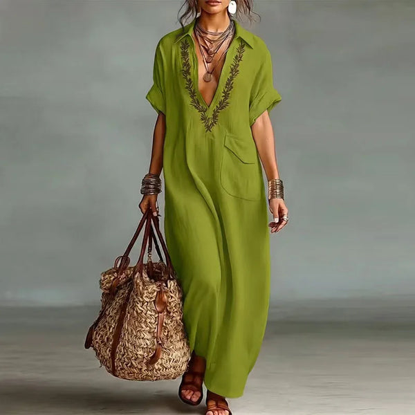 Women's Bohemian Loose-Fit Maxi Dress with V-Neckline