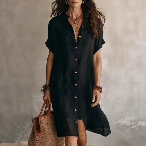 Women's Short Sleeve Button-Down Bohemian Midi Dress
