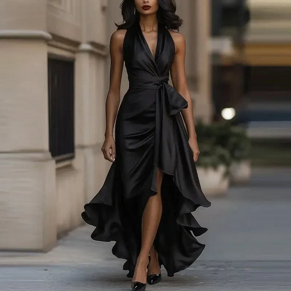 Vestido largo asimétrico de noche para mujer con hombros descubiertos