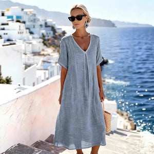 Vestido midi informal holgado para mujer con escote en V