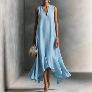 Women's V-Neck Maxi Dress with Asymmetric Hem