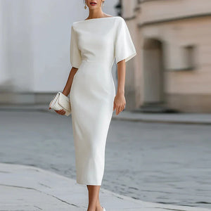 Vestido midi entallado y elegante con escote barco para mujer