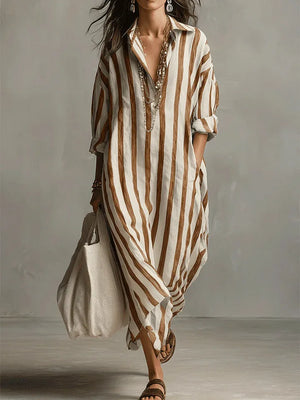 Women's Striped Maxi Shirt Dress with Pockets