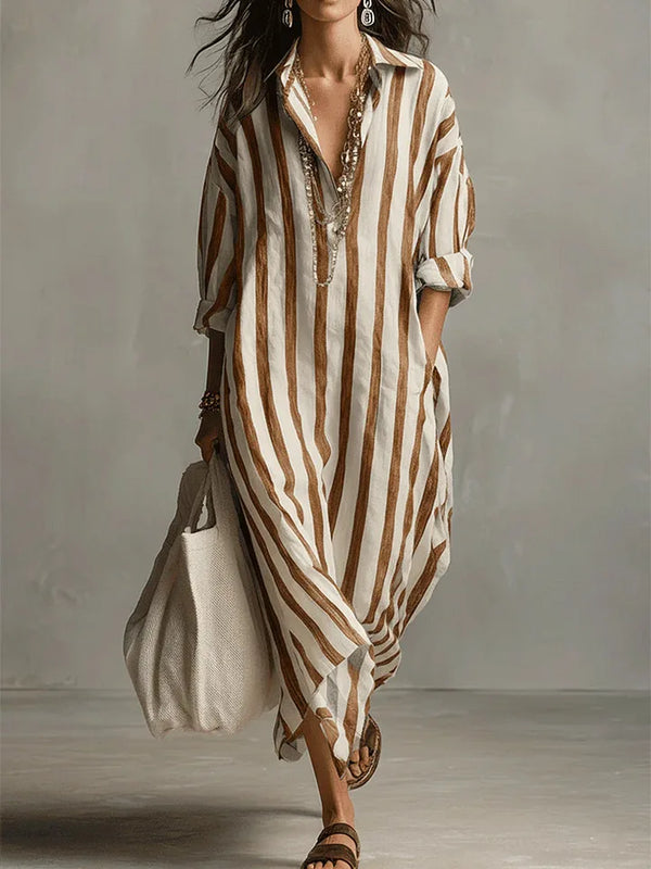 Women's Striped Maxi Shirt Dress with Pockets