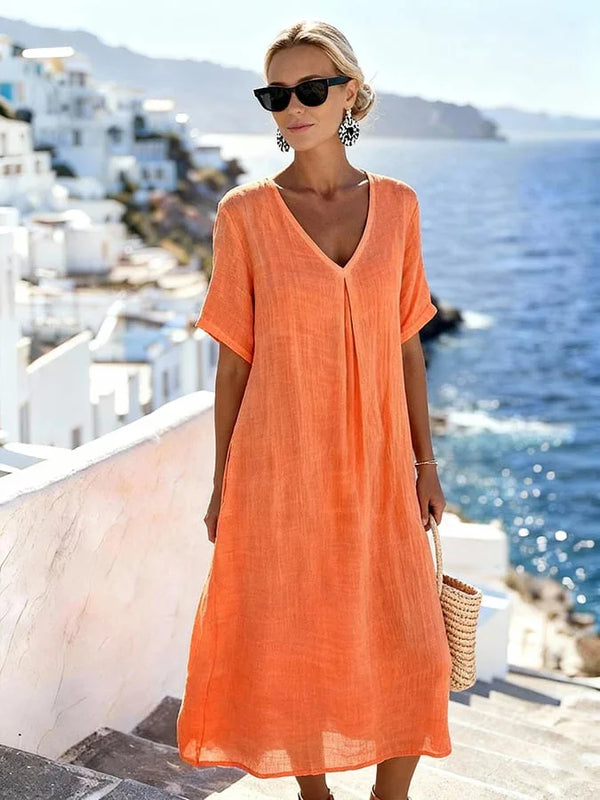 Vestido midi informal holgado para mujer con escote en V