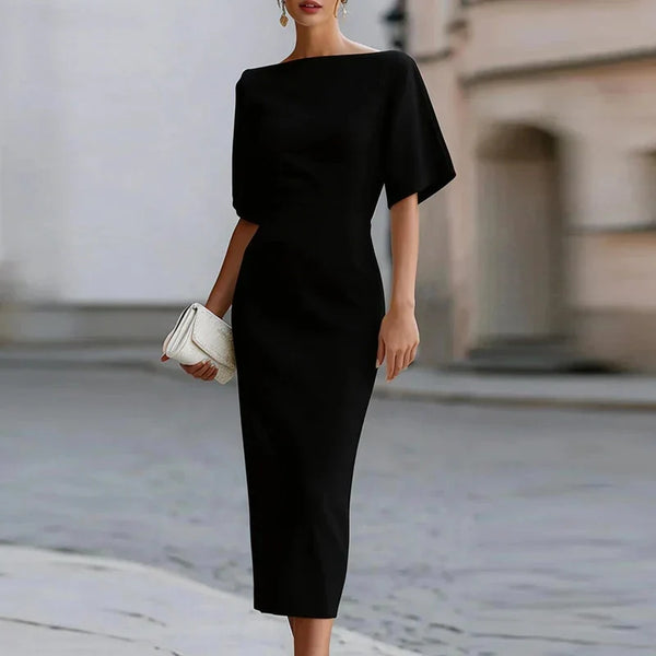 Vestido midi entallado y elegante con escote barco para mujer