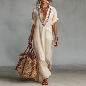 Women's Bohemian Loose-Fit Maxi Dress with V-Neckline