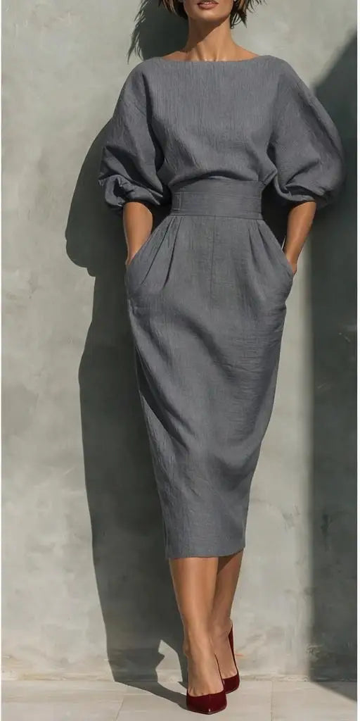 Women's Midi Dress with Cinched Waist and Puff Sleeves