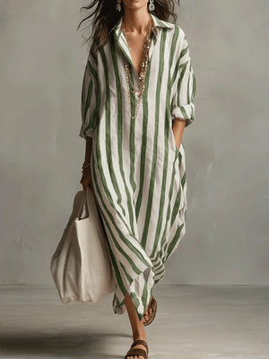 Women's Striped Maxi Shirt Dress with Pockets
