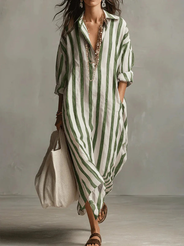 Women's Striped Maxi Shirt Dress with Pockets