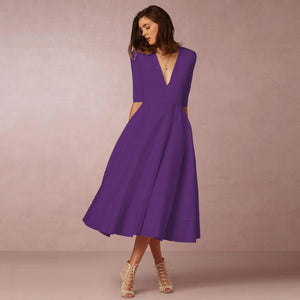 Women's V-Neck A-Line Fit Midi Dress