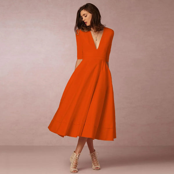 Women's V-Neck A-Line Fit Midi Dress