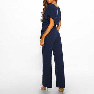 Belted Wide Leg Short Sleeve Women's Jumpsuit