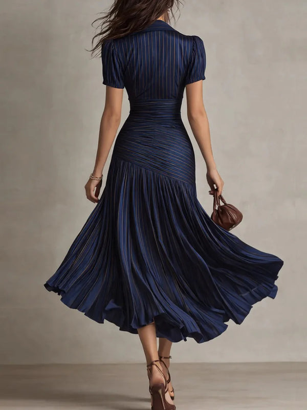Women's Ruched Waist Flowy Pleated Midi Dress