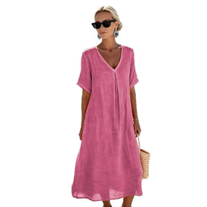 Vestido midi informal holgado para mujer con escote en V