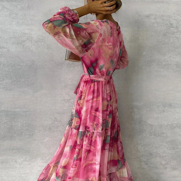 Women’s Floral Long Sleeve Flowing Maxi Wrap Dress