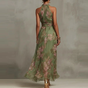 Women's Floral Halter Neck Maxi Dress with Flowing A-Line Skirt