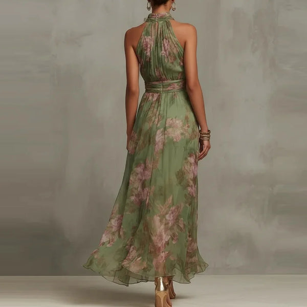 Women's Floral Halter Neck Maxi Dress with Flowing A-Line Skirt
