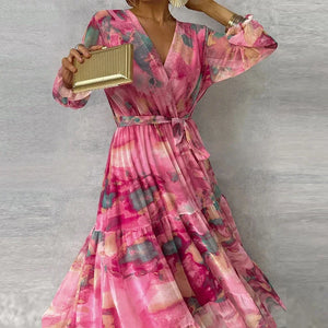Women’s Floral Long Sleeve Flowing Maxi Wrap Dress