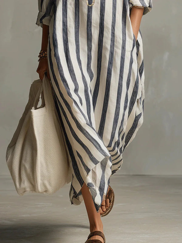 Women's Striped Maxi Shirt Dress with Pockets